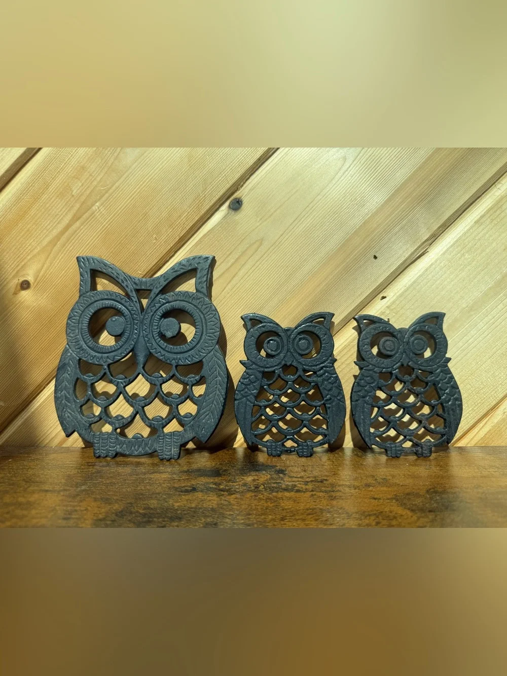 Set of 3 Decorative Owl Trivets - Black Cast Iron Look